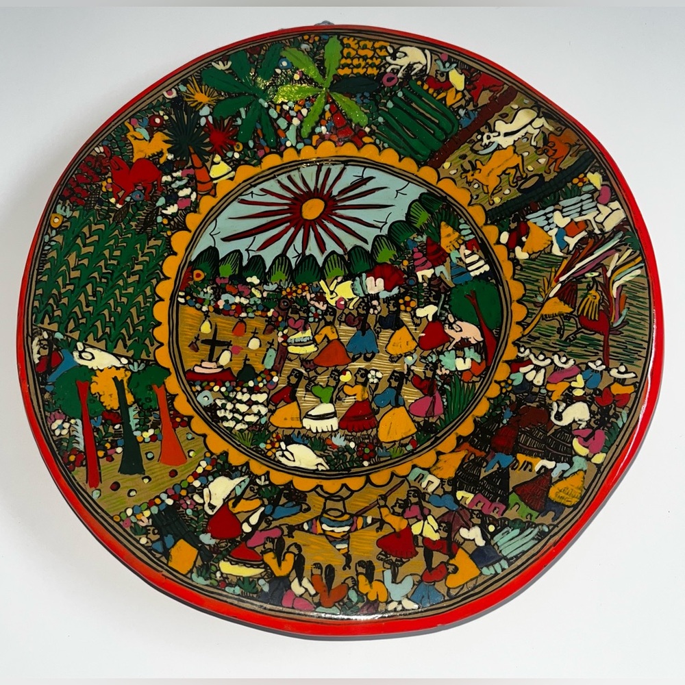 VTG 7.5” MEXICAN CLAY FOLK ART WEDDING STORY‎ WALL PLATE TONALA HAND PAINTED
